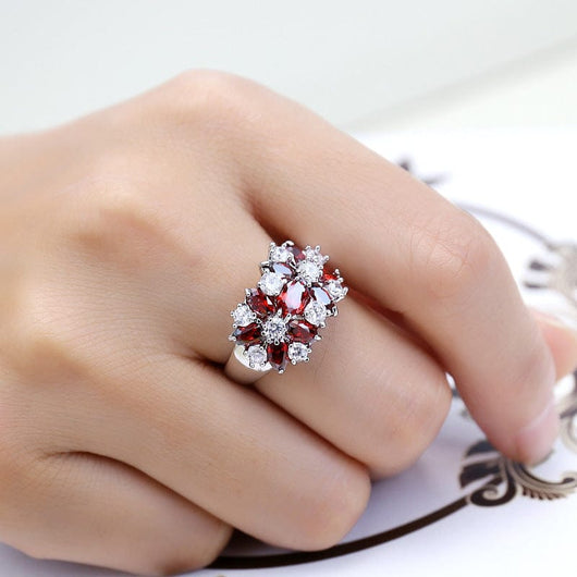 RED GARNET CLUSTER SILVER FLOWER RING