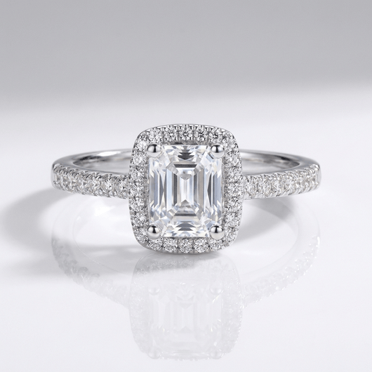 EMERALD CUT ZIRCONIA SILVER HALO RING